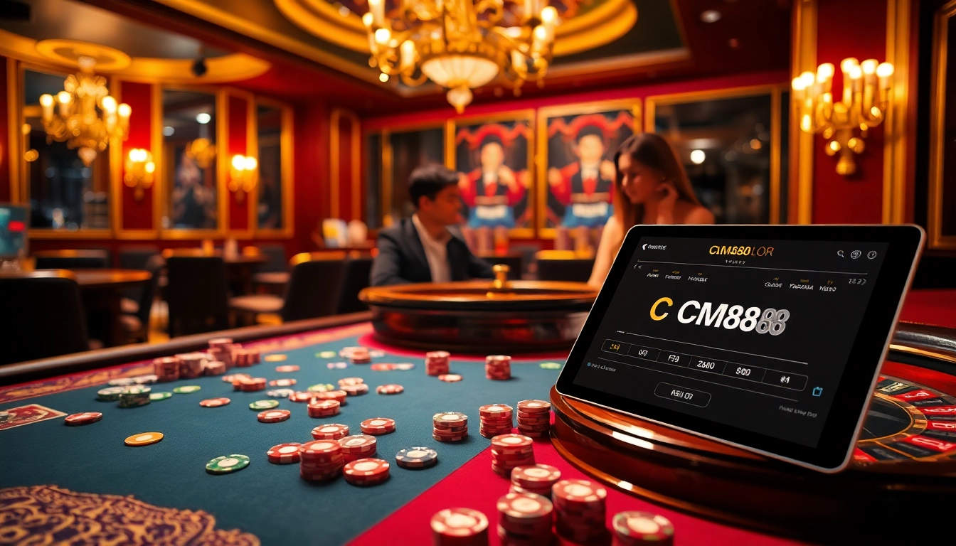 Engaging in thrilling gambling action at CM88 casino with poker chips and roulette wheel.