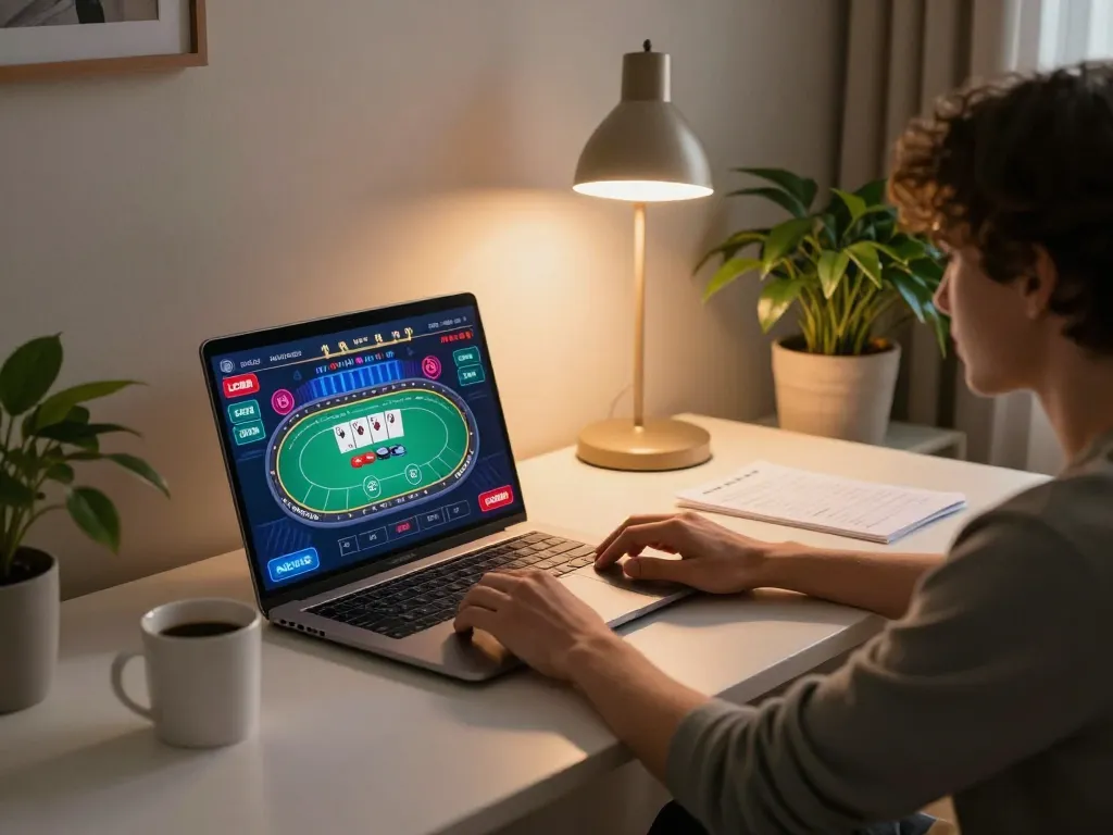Engaging in an online poker game on LC88, showcasing a dedicated gaming setup.