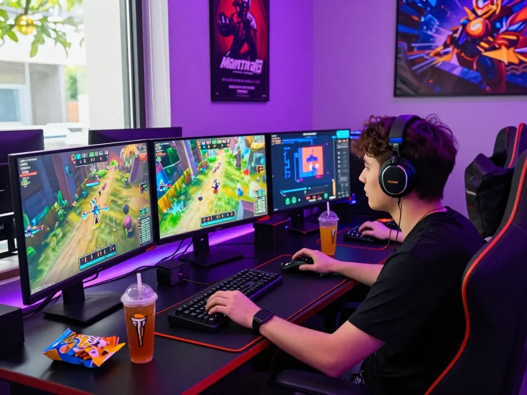 Dynamic gaming setup showcasing mantra88's vibrant online gaming experience with neon accents and multi-genre games.