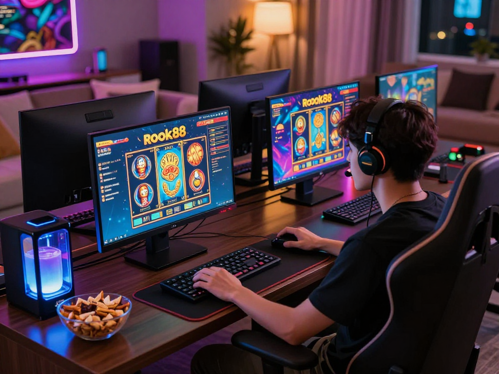 Person engaged in rokok88 slot login at a vibrant online gaming setup with exciting visuals and snacks.