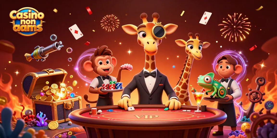Casinò non AAMS: giraffa alta con monocolo gioca a poker con un camaleonte barista e una scimmia valet.