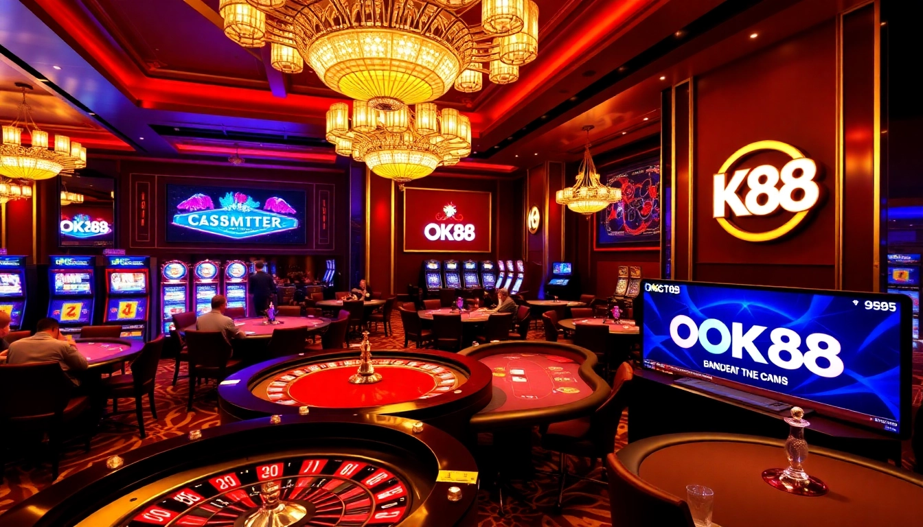 Experience the thrill of gambling at OK88 with engaging tables and vibrant casino elements.