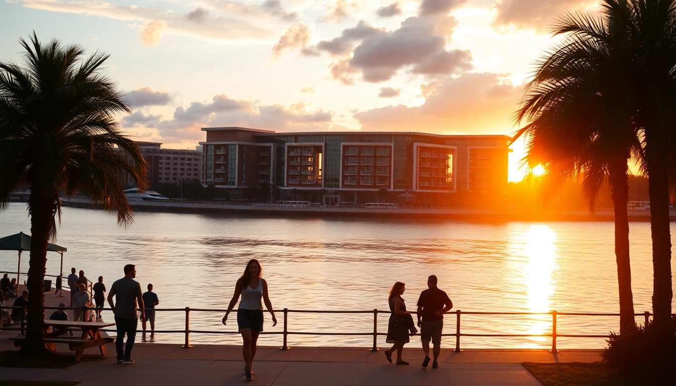 Tampa River Center at sunset, capturing vibrant colors and community life.