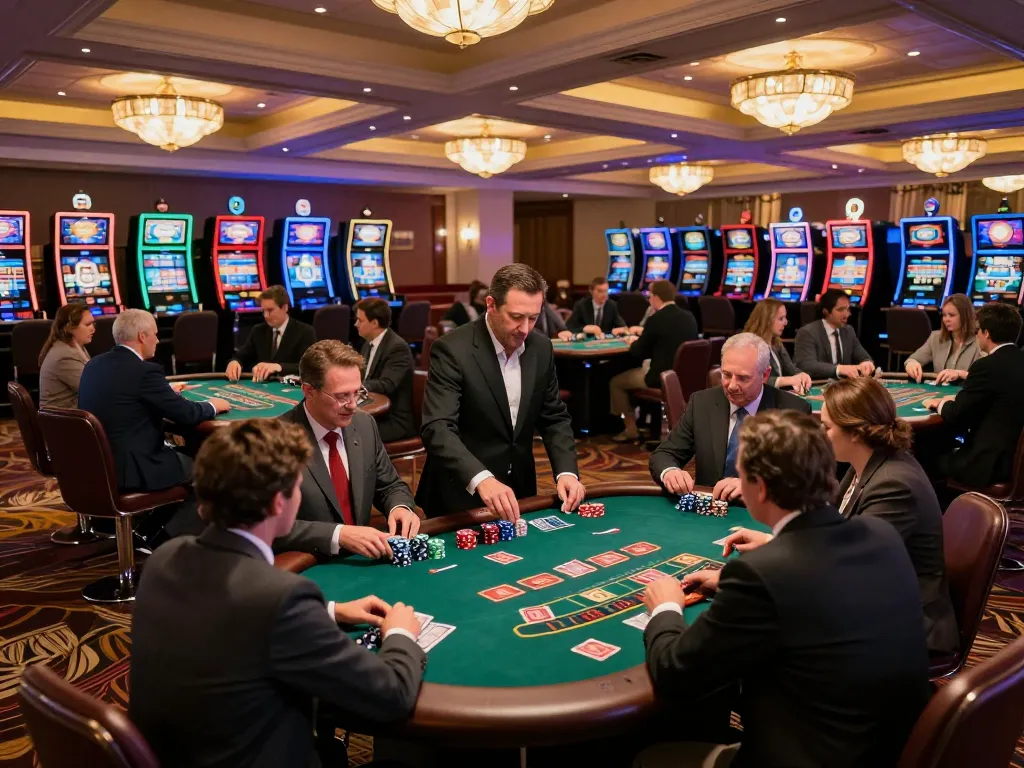 Players engaging in strategic blackjack gameplay at vipwin casino, vibrant atmosphere with colorful chips and cards