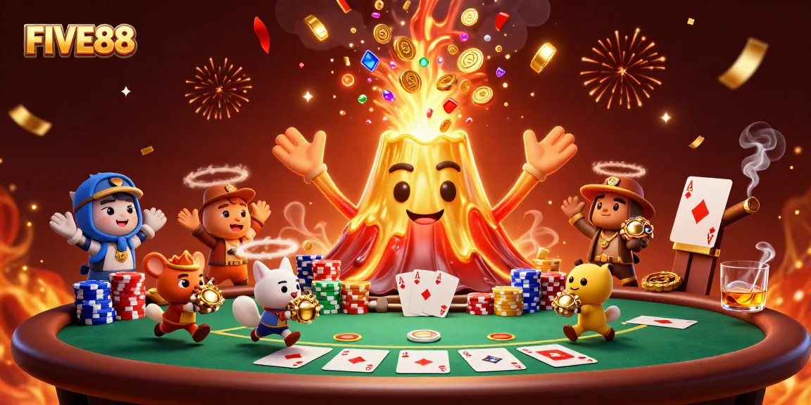 FIVE88 casino illustration showcasing golden volcano, poker elements, and animated treasure.