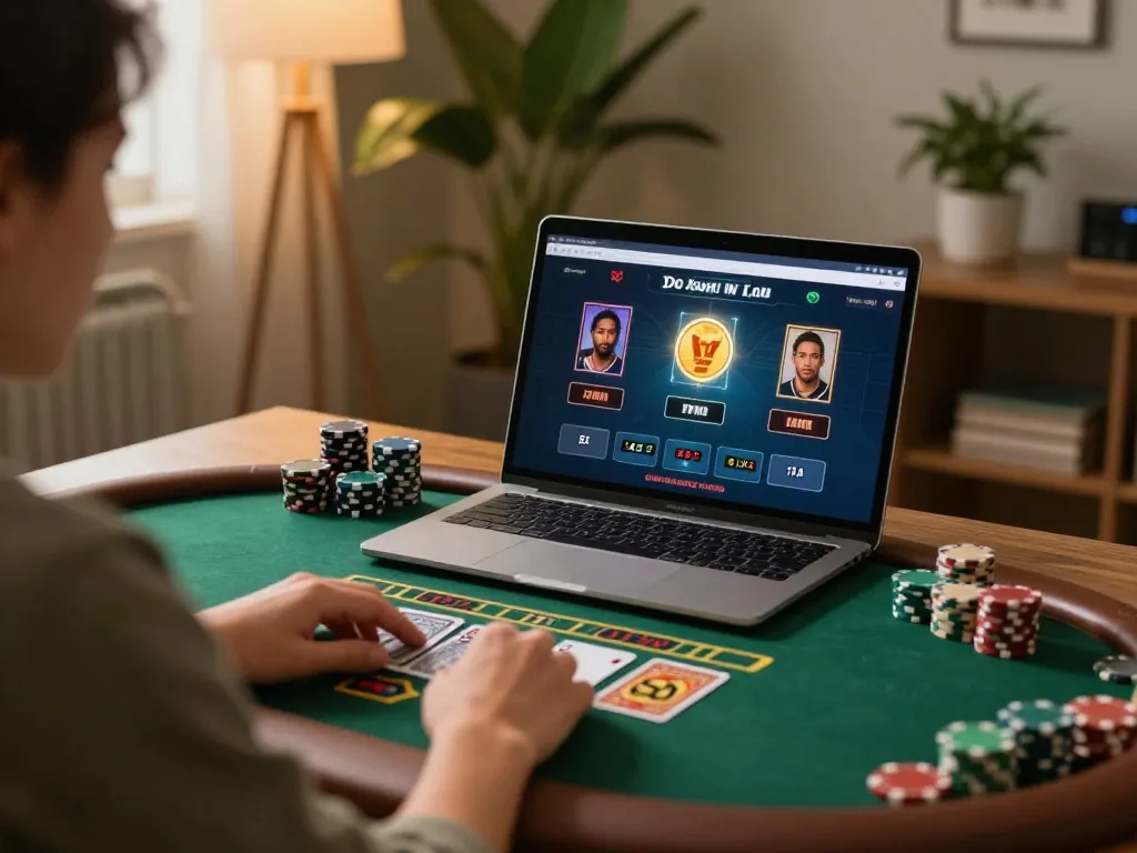 Player enjoying TG88 online blackjack, engaging with a live dealer on laptop amidst cozy home lighting.