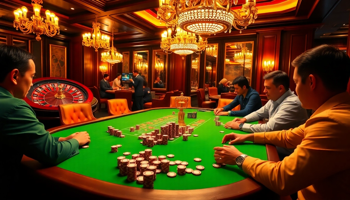 Players enjoying a thrilling session of luck88 at a vibrant casino table surrounded by excitement.