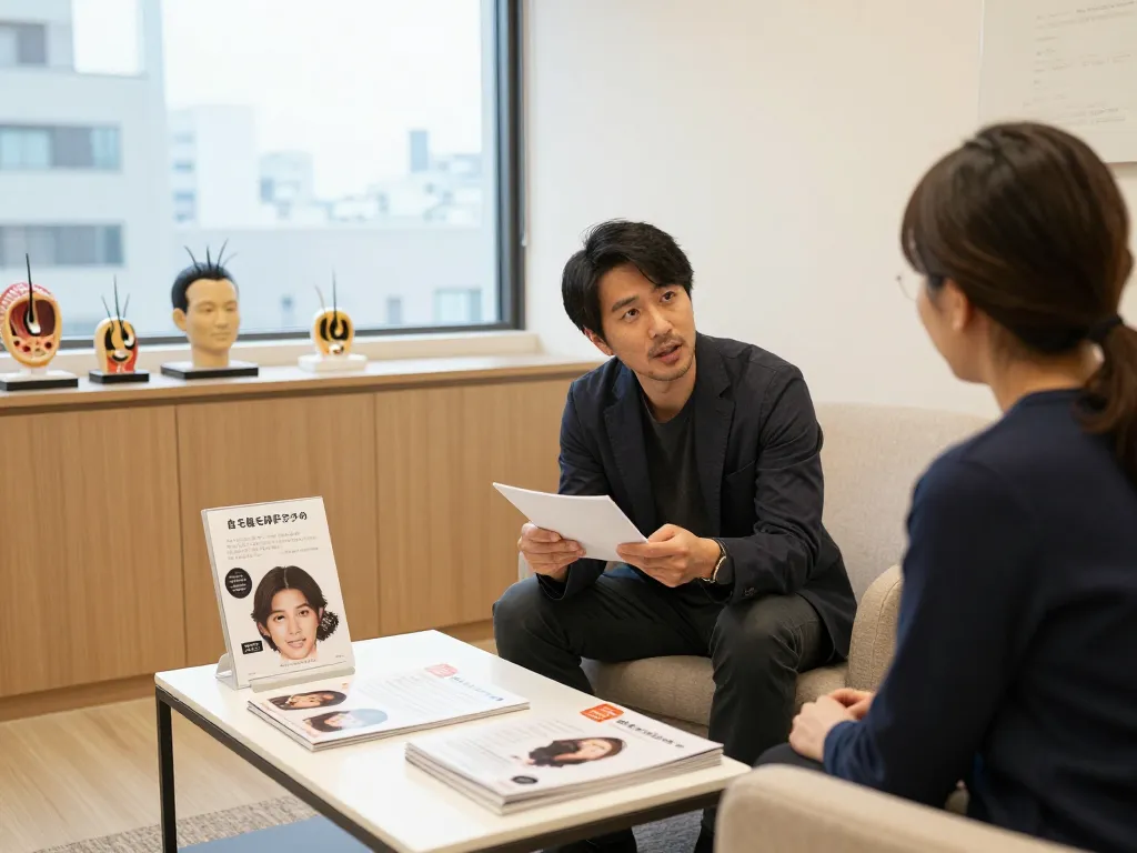 自毛植毛神戸おすすめに関する相談シーン、コンサルタントと患者が毛髪復元オプションについて話し合っています。