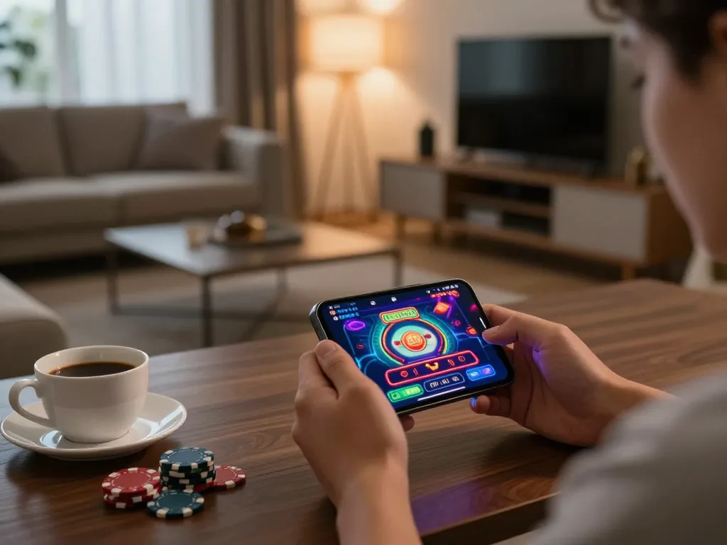 Player immersed in mobile gambling experience on fly88 app, enjoying cozy home setting