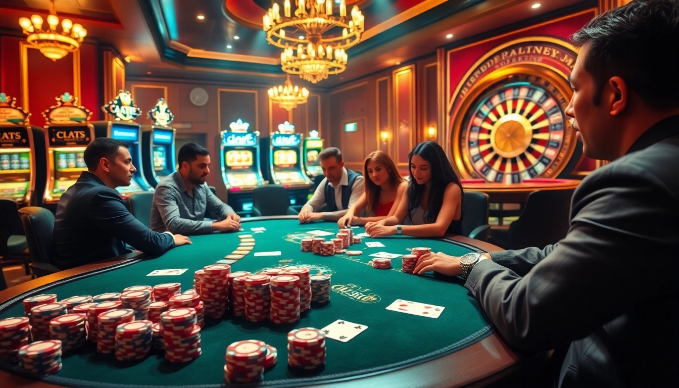 Experience the luxury of ok365 with vibrant casino visuals showcasing poker tables and slot machines.