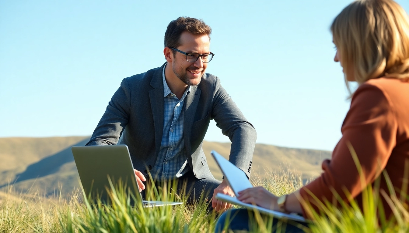 Engaging business coach California providing guidance outdoors with a calm demeanor.