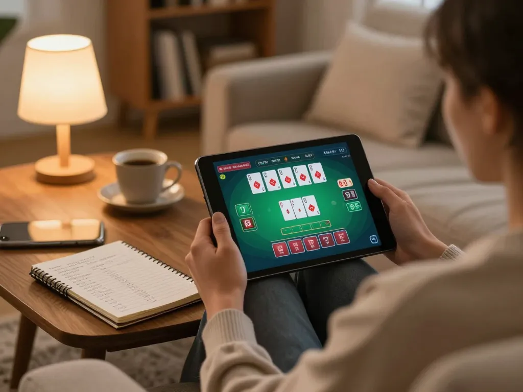 Engaging in online blackjack at https://www.mnm88.com/ with a friendly home setup showcasing strategy notes and relaxing ambiance