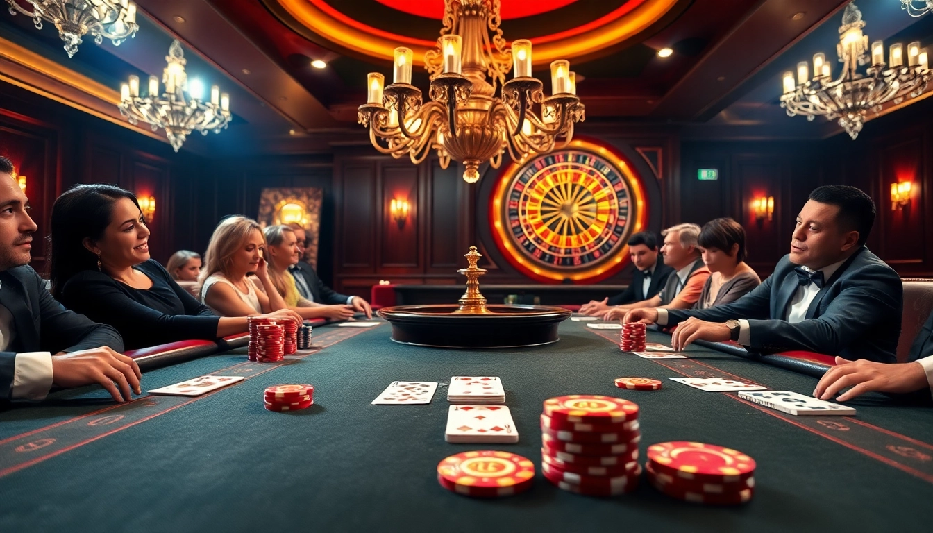 Engaging players at a poker table in a luxurious casino atmosphere, showcasing the excitement of 13 win.com.