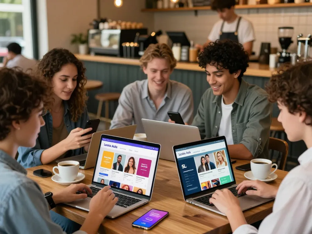 Engaging scene of people exploring Lanka Ads in a café, showcasing vibrant advertisements on screens.