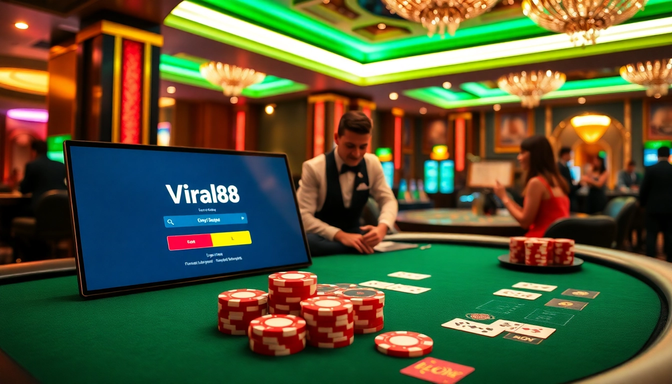 Experience the excitement of online gaming with the viral88 login interface set in a luxurious casino scene.