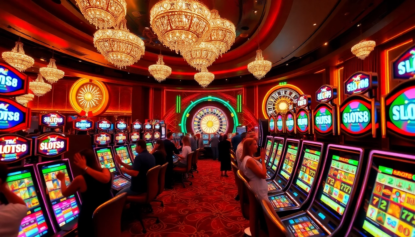 SLOTS8 players celebrating wins at vibrant slot machines on a glamorous casino floor.