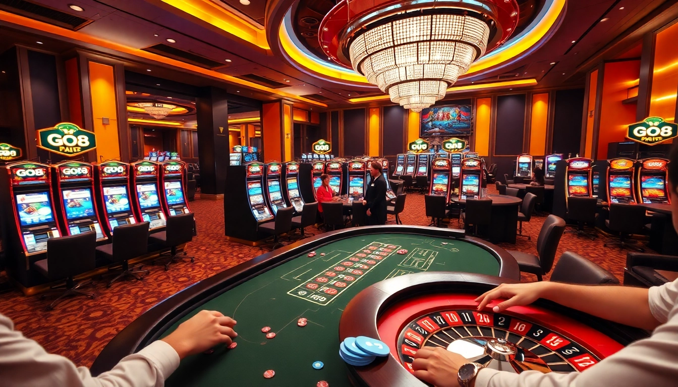 Players enjoying a thrilling game at the GO8 casino, surrounded by vibrant tables and slot machines.