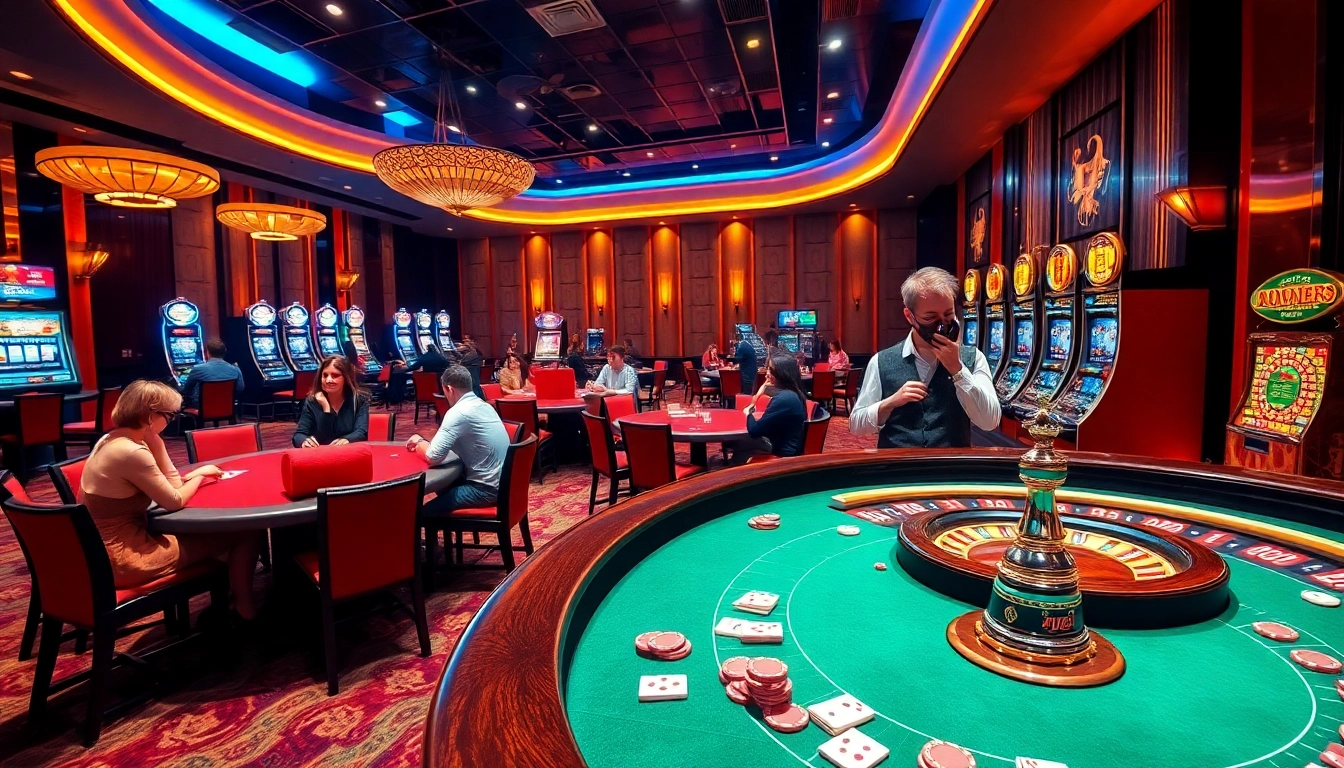 Experience the thrill of gambling at LC88's modern casino with vibrant gaming tables and lively players.