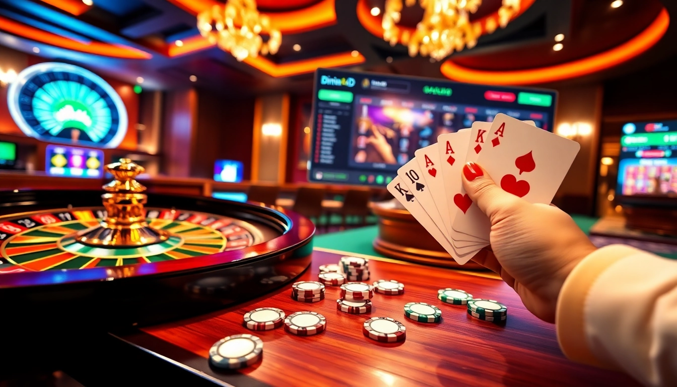 Engaging dinamit4d casino scene highlighting excitement with roulette wheel and vibrant poker chips.