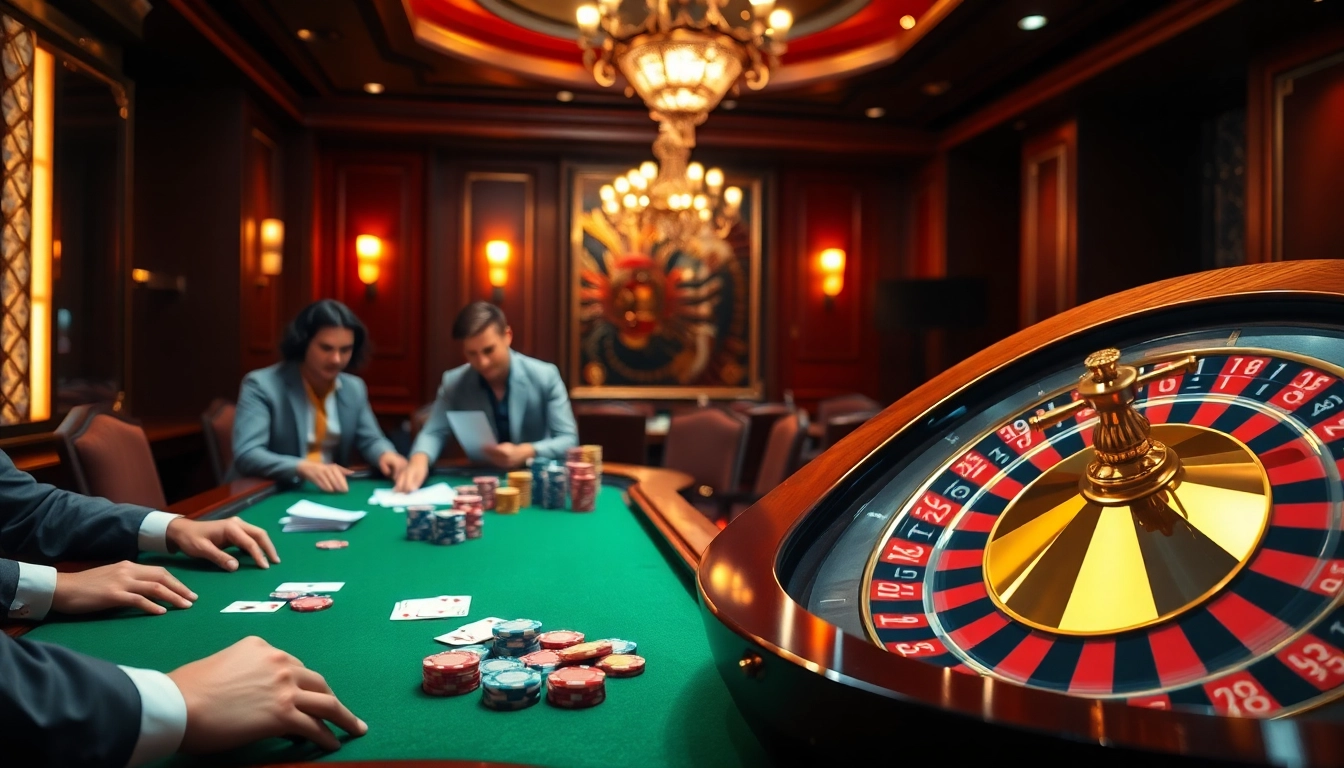 Experience the thrill of casino gaming at https://ta88.help/ with vibrant poker chips and an exciting roulette wheel.