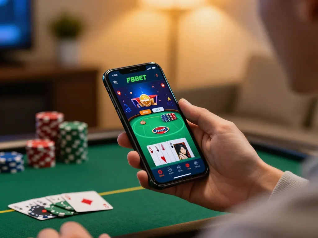 F8BET user engaged in exciting mobile gaming experience on smartphone with app interface