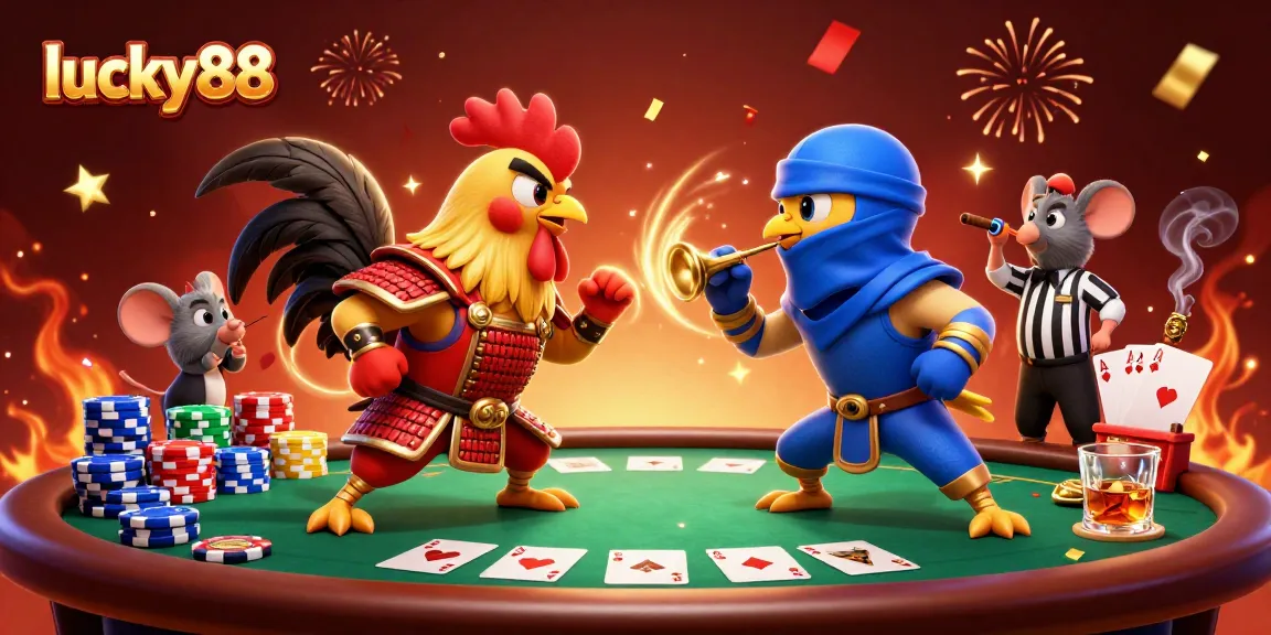Experience thrilling action with lucky88's fierce roosters battling in a vibrant casino scene.