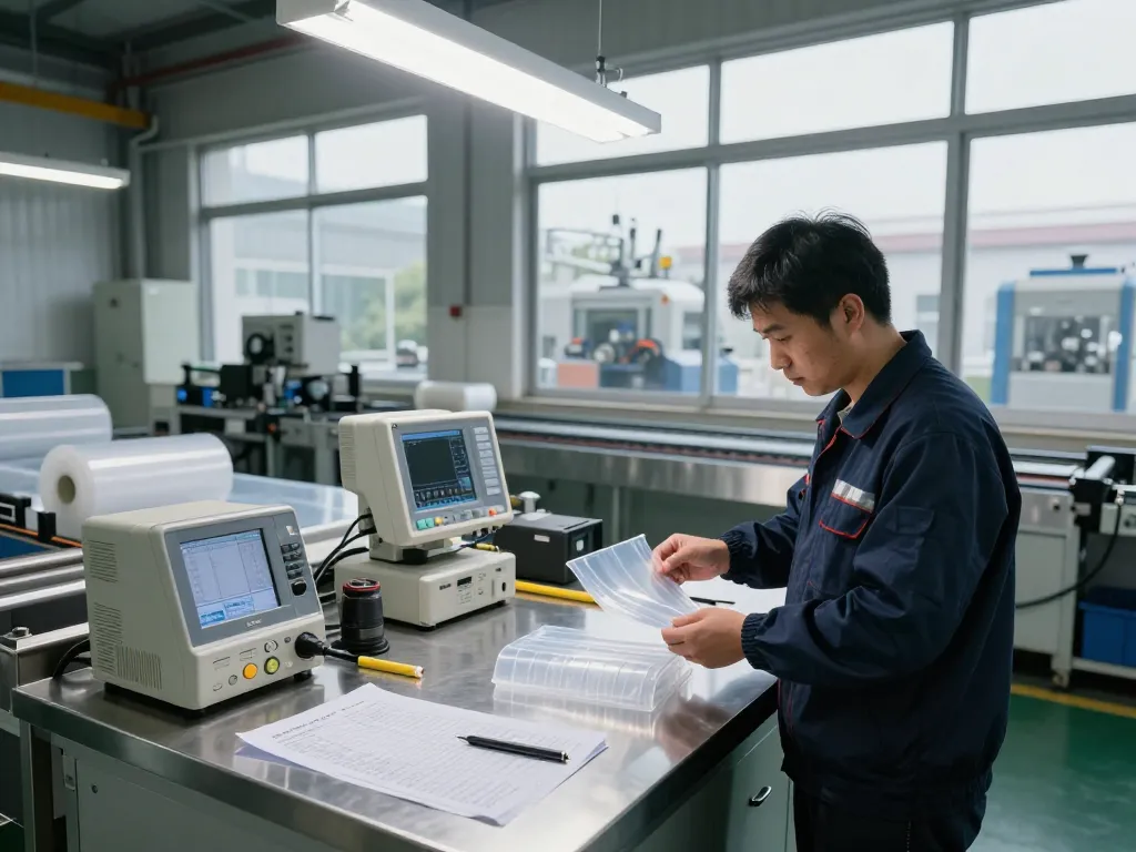 Technician testing bóc plastic samples in an industrial workspace with diagnostic tools.