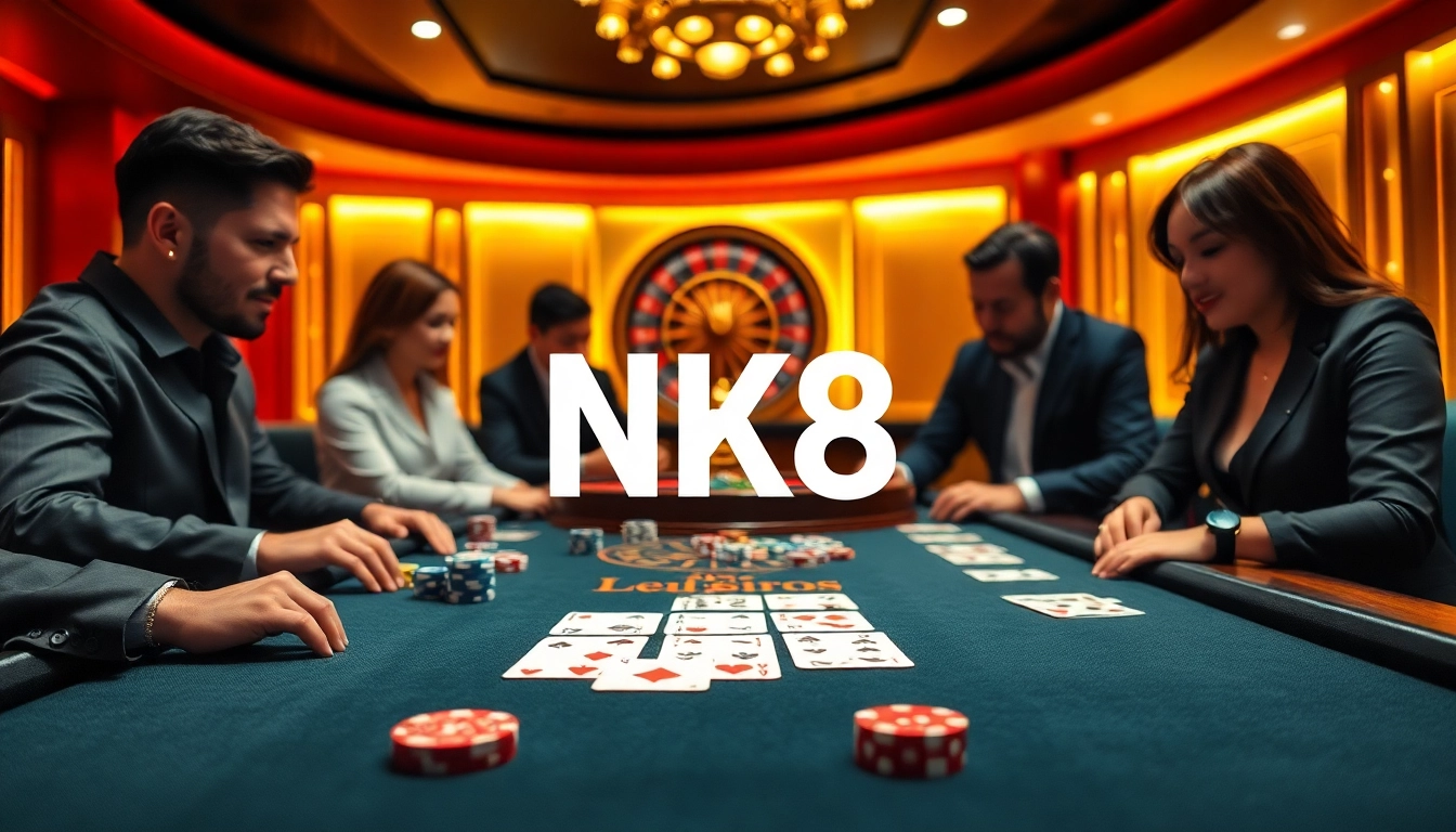 Engaging poker game at NK88 casino with vibrant chips and cards in a luxurious setting.
