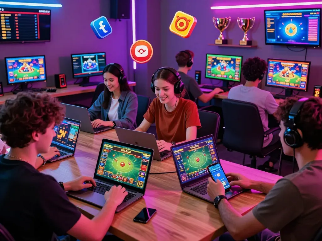 Exciting HITCLUB online gaming scene with diverse players engaged in poker, slots, and sports betting on personal devices, vibrant graphic displays, and a neon-lit atmosphere.