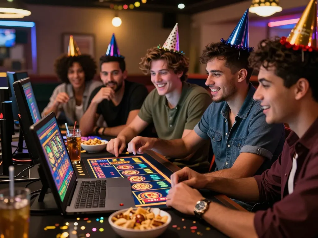 Xpay33 promotion event showcasing friends enjoying thrilling online gaming together, vibrant slot graphics and celebration atmosphere.