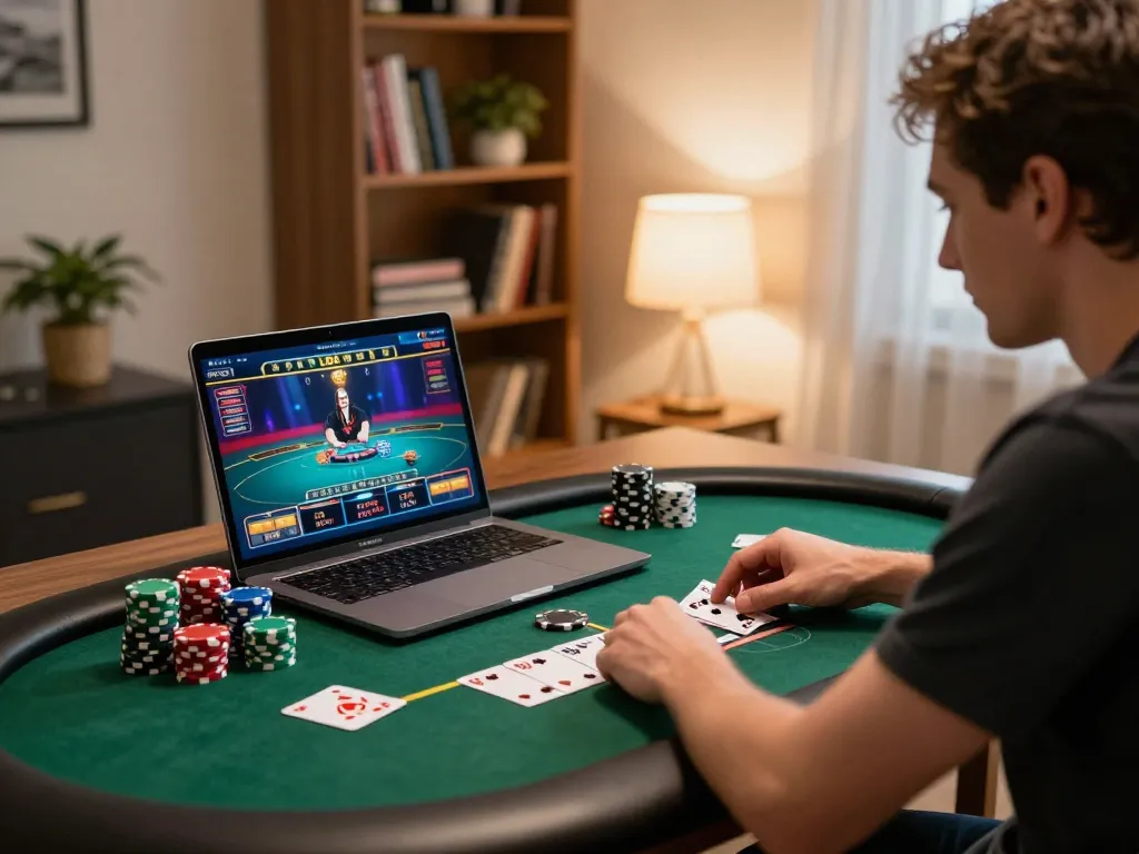 Player focused on online gaming for LC88 win, chips and poker cards at a cozy desk.