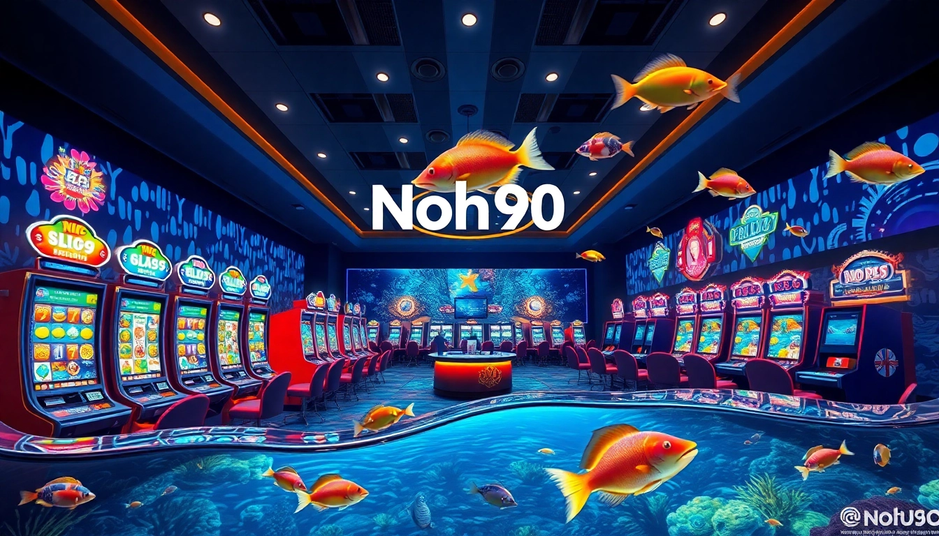 Nohu90 immersive gaming experience with vibrant slot machines and live dealers, showcasing colorful fishing game elements.