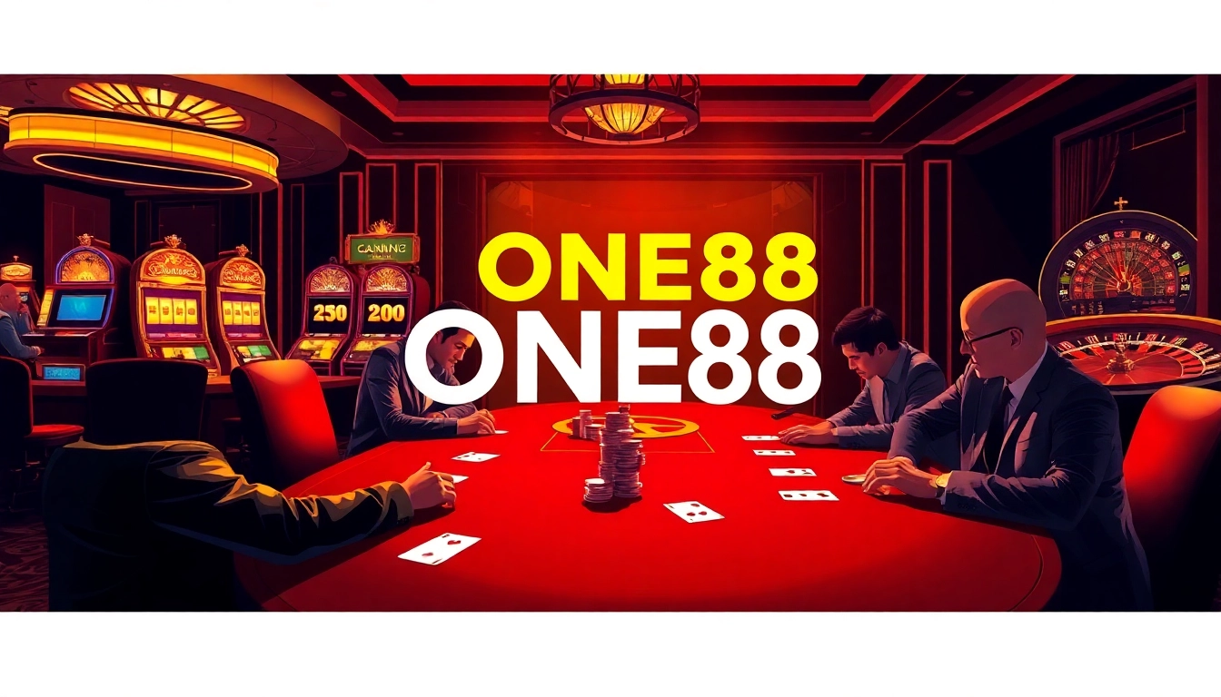 ONE88 casino table scene showcasing high-stakes poker with vibrant slot machines and roulette wheel.