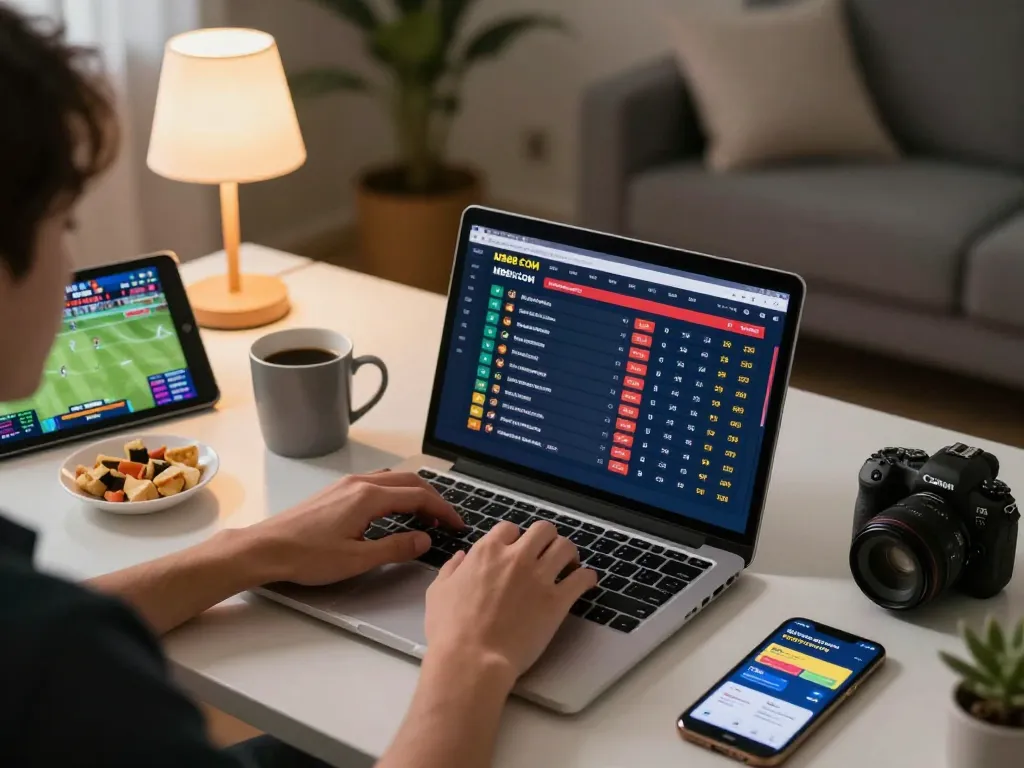 Engaging in sports betting on MB88 COM at home with laptop and snacks, showcasing strategic gameplay.