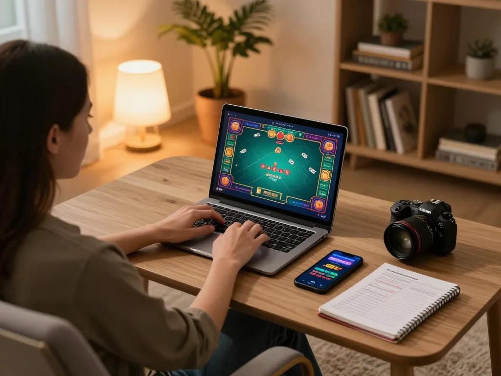 Engaging in online poker on Vuabet using laptop and smartphone, showcasing strategic gameplay.