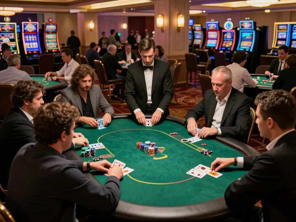 lc888 players enjoying a thrilling poker game at a luxurious casino table, showcasing competitive bets and elegant decor
