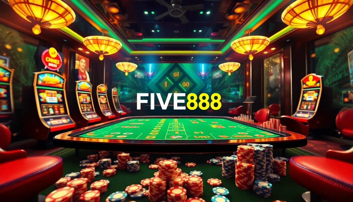 Experience the excitement of FIVE88 with vibrant casino tables and slot machines.