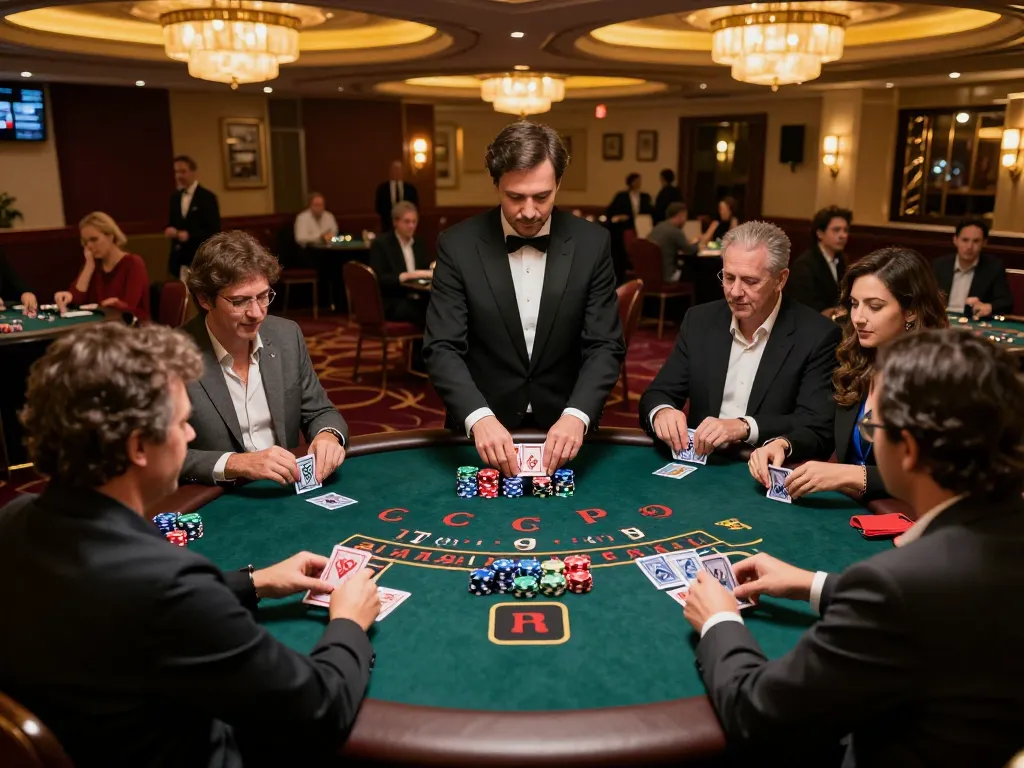 Engaged players at a blackjack table skillfully strategizing in a vibrant casino atmosphere featuring lc88.