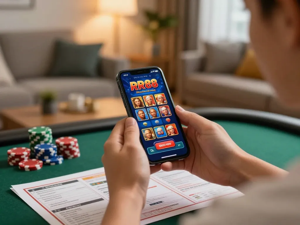 Engaged player using RR88 casino app on smartphone for responsible gaming.