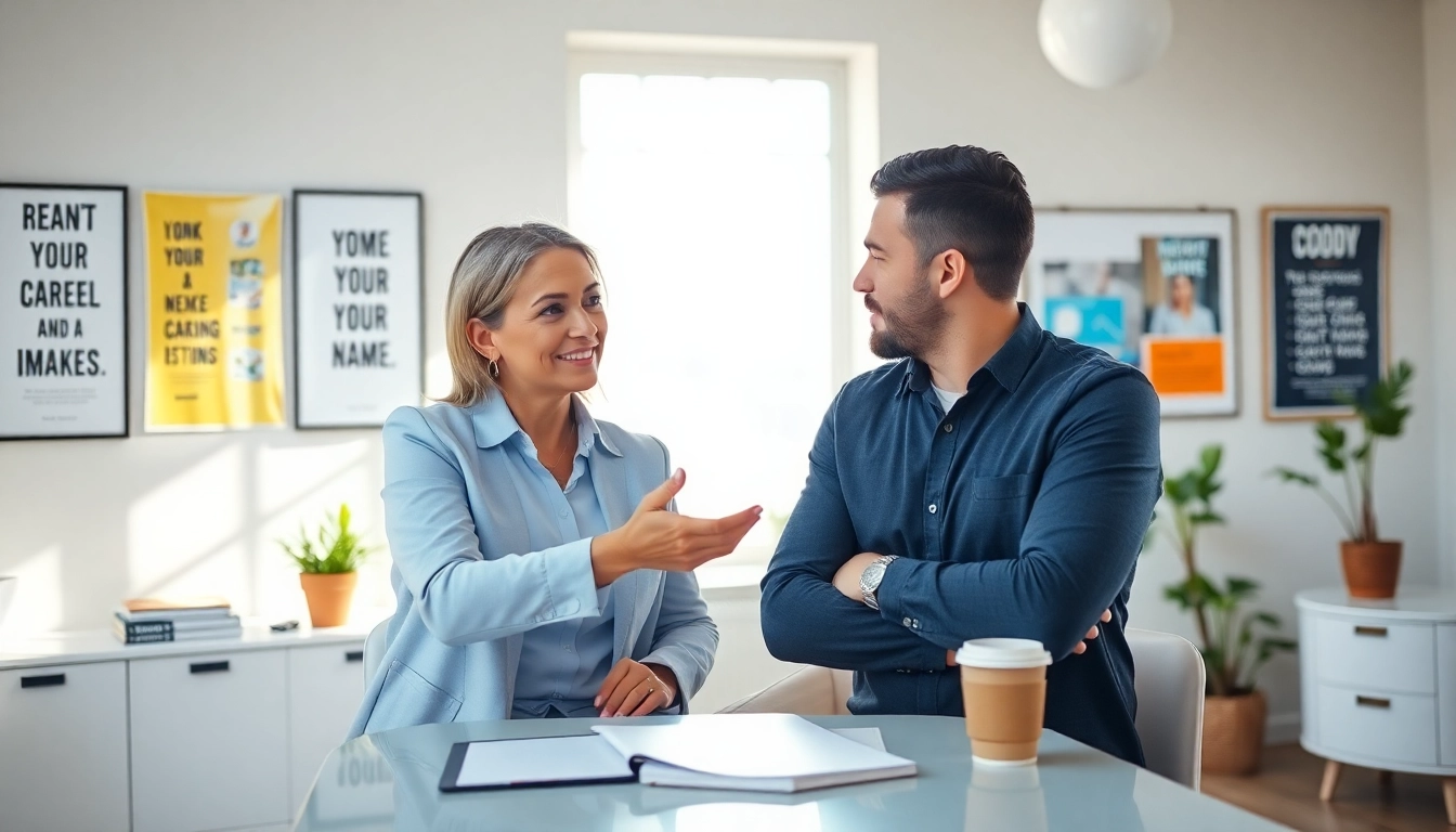 Engaging scene of career coaching interaction with a professional coach guiding a client.