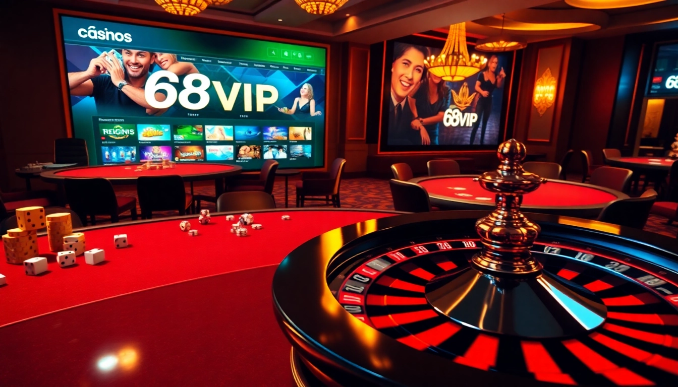 Engaging scene of an online gambling environment with 68VIP branding, showcasing casino tables, poker chips, and a roulette wheel.