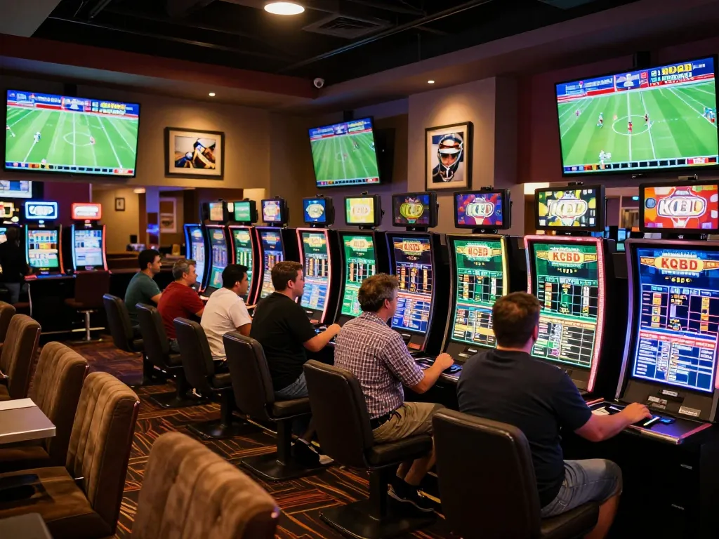 KQBD enthusiasts placing bets and watching live football scores in an energetic casino sports betting lounge.