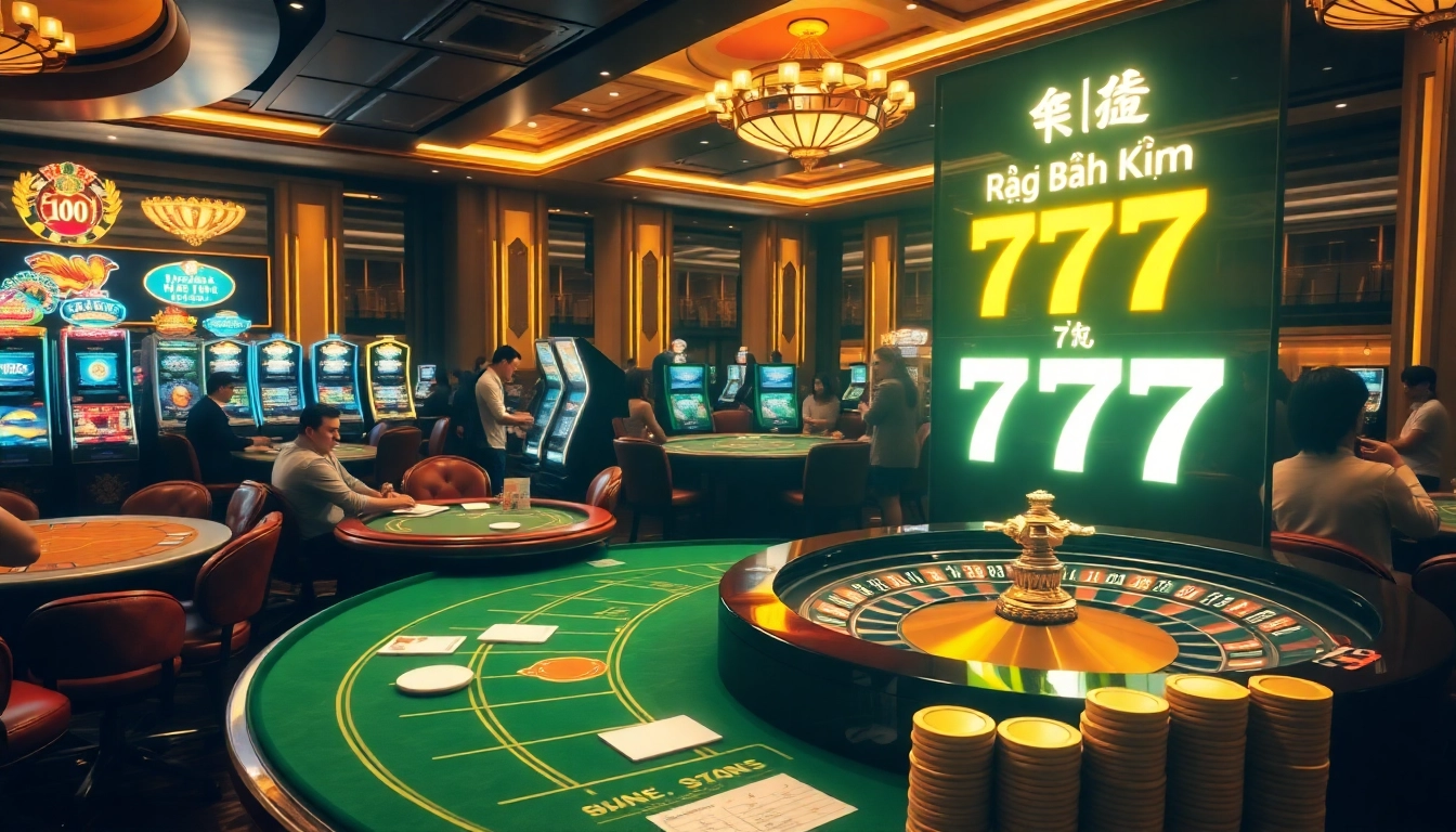 Exciting gameplay at Rồng Bạch Kim 777 casino showcasing vibrant slot machines and poker tables.