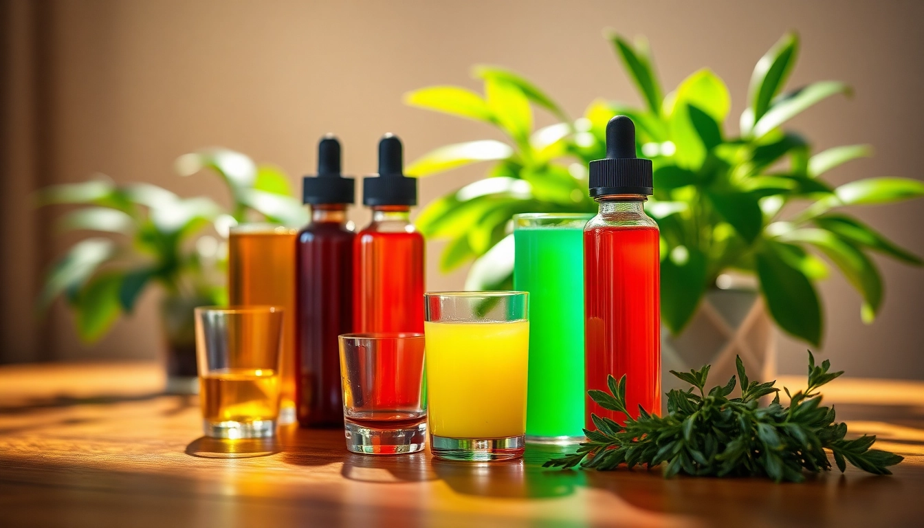 Showcase vibrant vape juice bottles on a wooden table highlighting flavors and colors.