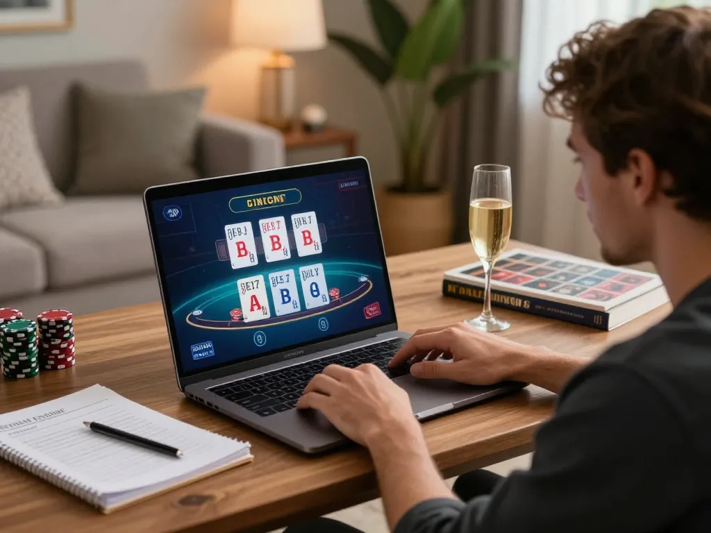 NHÀ CÁI XO88 player enjoying blackjack strategy on a sleek laptop in a cozy setting.