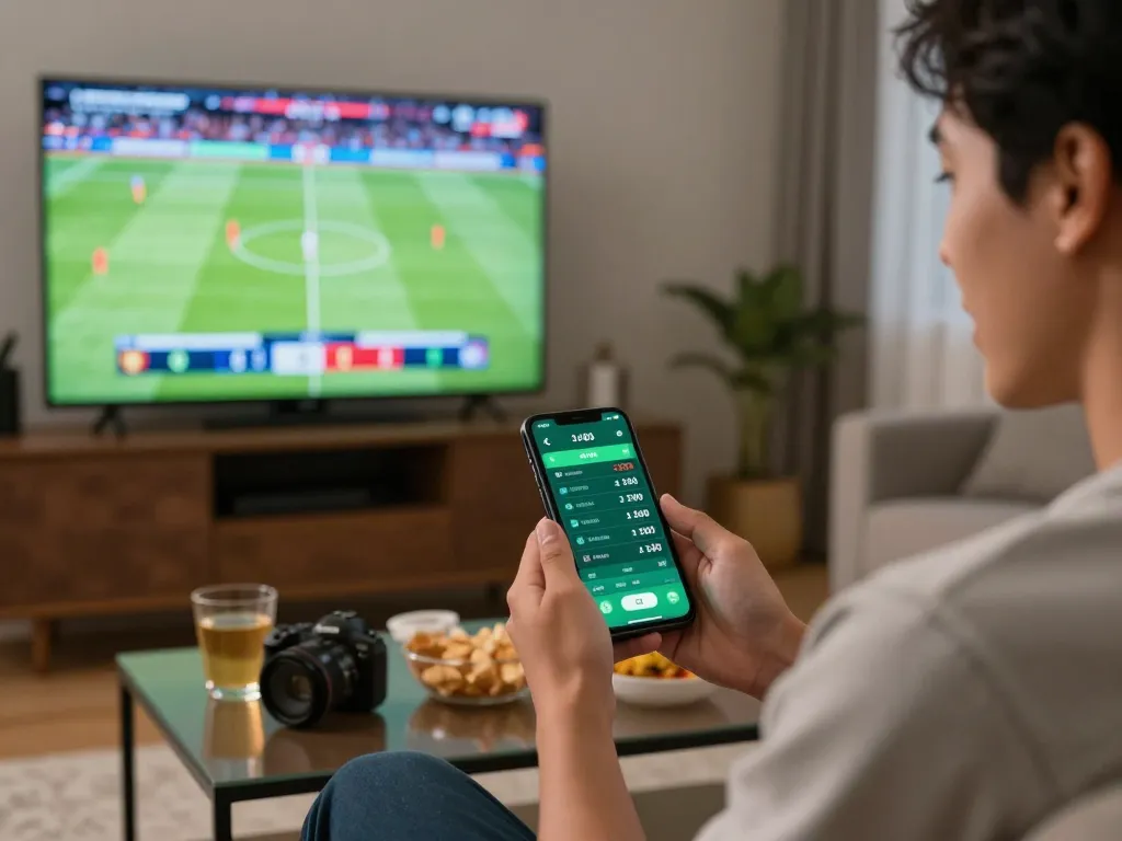 Engaged user placing bets on the alexis77 sports betting app while watching a live game in a cozy home.