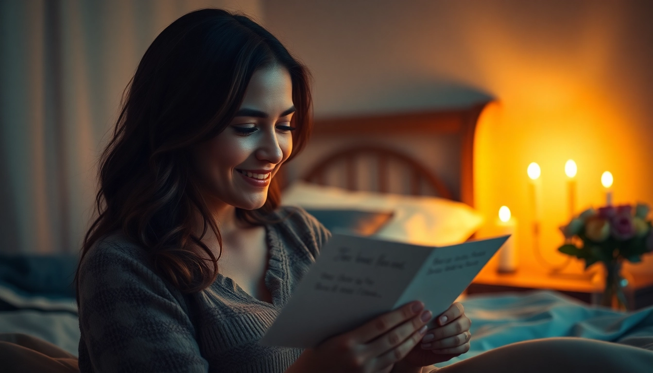 Send a heartfelt good night message for her with a romantic scene of a couple in a cozy bedroom.