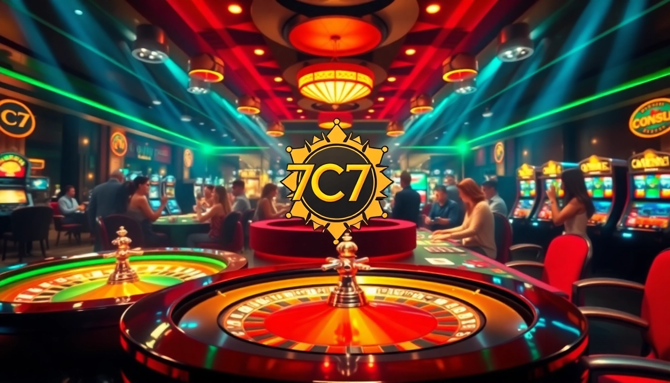 Exciting gameplay experience at 7C77 one casino with roulette wheel and poker table.
