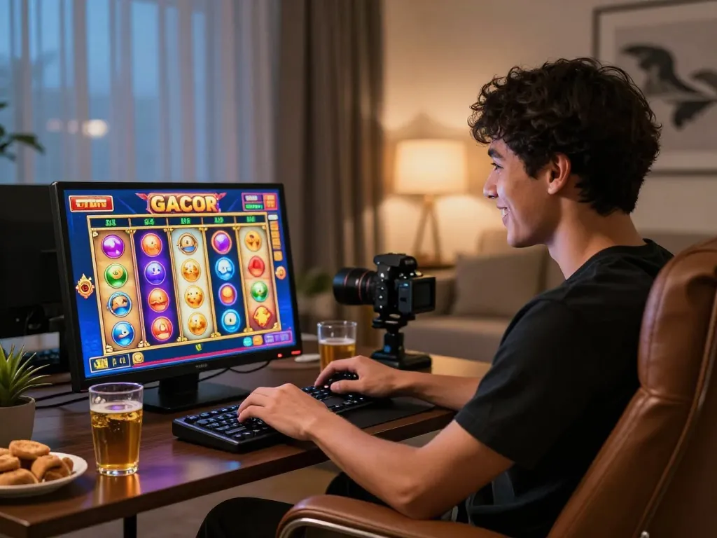 Player immersed in exciting slot gacor gameplay on a tablet, cozy home setting.