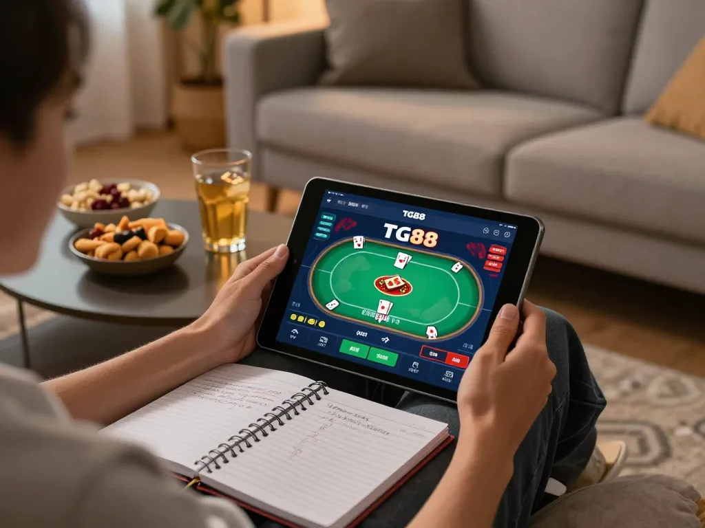 Engaging scene of a player using the TG88 app for online casino gaming, showcasing a vibrant poker interface and a cozy home atmosphere.